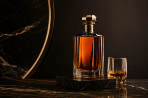 Decanter de cristal com whisky âmbar e tampa dourada sobre mármore escuro, tema dos whiskys mais caros do mundo.